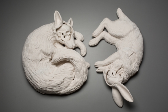 Kate MacDowell Untitled (Fox), 2016 // hand built porcelain, glaze // 16 x 14 x 5 inches Untitled (Rabbit), 2016 // hand built porcelain, glaze // 22 x 11 x 5 inches